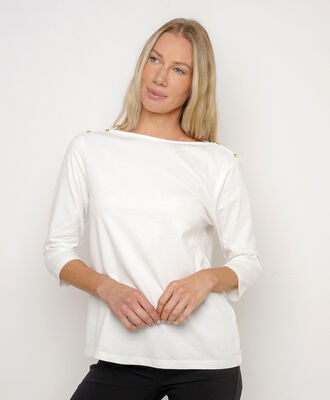 Polera mujer cuello bote botones blanca